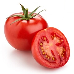  Tomatoes isolated. Tomato on white background. Tomatoes and a half side view. With clipping path. Full depth of field