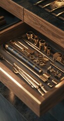 Close-up of a dark wooden drawer.  Gold-toned tools and parts neatly arranged
