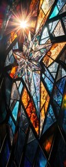 Intricate stained glass design with vibrant colors and geometric shapes, radiating light