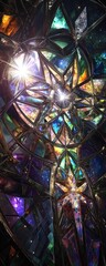 Intricate stained glass, vibrant colors, and geometric patterns
