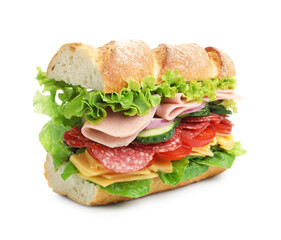 Tasty baguette sandwich with ham and vegetables isolated on white