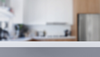Empty White Table with Blurred Modern Kitchen Background