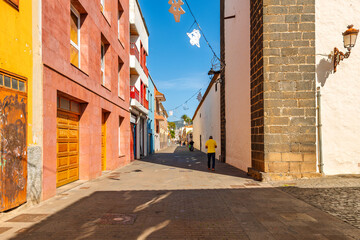 A colorfully painted street in the town of San Cristóbal de La Laguna, Spain, in the northern part of the island of Tenerife in the Province of Santa Cruz de Tenerife.