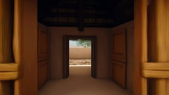 Traditional African hut exterior with patterned mud wall, zooming into simple, culturally adorned interior