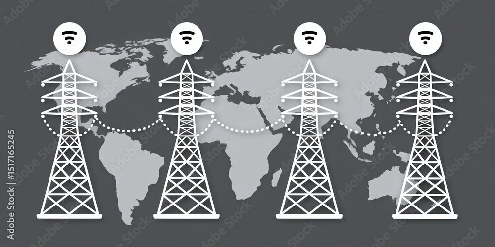 Poster global network connectivity represented through wireless signal transmission towers interconnected o