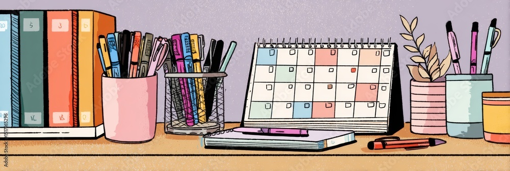 Poster daily planner and colorful pens on a minimalist desk with books and calendar in a cozy workspace