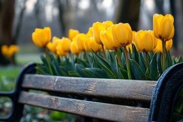 Close-up of yellow tulips blooming next to a park bench in springtime