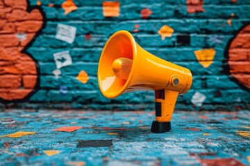 Bright orange loudspeaker attached to a graffiti wall with cartoon drawings in the background