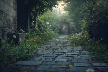 Overgrown stone pathway surrounded by dense greenery leading into a mysterious forest