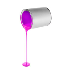 Magenta color paint pouring out of can on white background