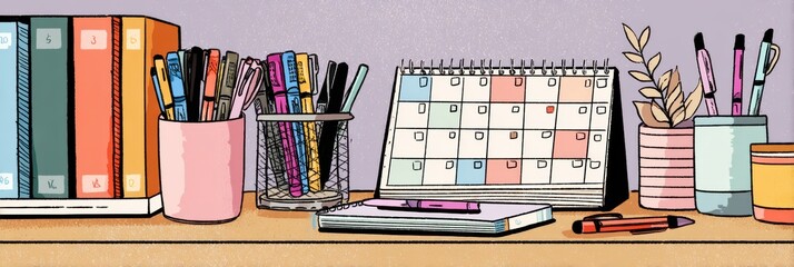 Daily Planner and Colorful Pens on a Minimalist Desk With Books and Calendar in a Cozy Workspace