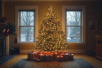 Cozy living room decorated with Christmas tree and warm lighting