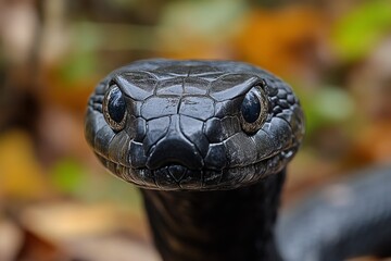 Close up of a black snake with glossy scales in a forest environment