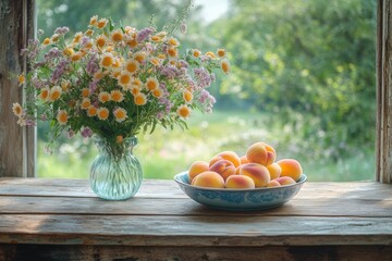 Fresh peaches and daisies in vase on rustic wooden windowsill in sunlight