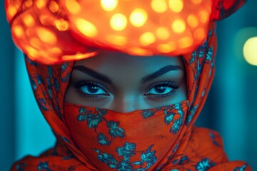 Mysterious woman with piercing eyes wearing ornate red headscarf and lights