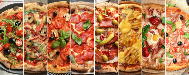 Collage of different delicious pizzas, top view. Banner design