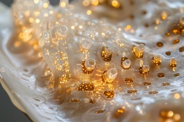 Golden honey droplets forming on wax surface in macro extreme closeup