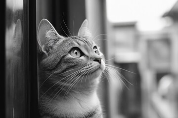 Monochrome closeup of a curious cat peeking out of a window frame