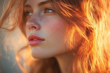 Red-haired young woman with freckles in sunlight and warm soft focus