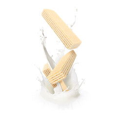 Tasty crispy wafers falling into splashing milk against white background