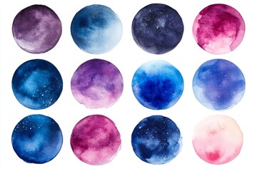 Watercolor circle swatches in shades of blue pink and purple on white paper