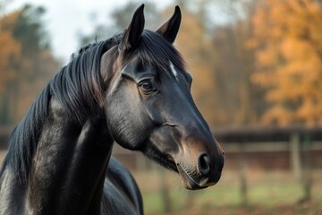Graceful dark horse standing in paddock with autumn trees behind