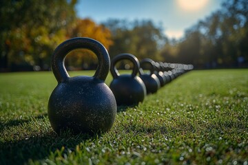 Three black kettlebells on grass field with soft evening light