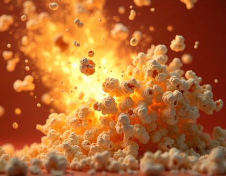 Dramatic close-up exploding popcorn. Vibrant orange lighting creates motion, flying kernels, delicious. Yellow background ideal fast food, cinema, party. Crunchy, tasty, salty snack.