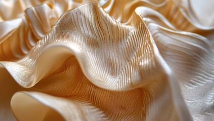 Close-up of pleated, light gold fabric.  Soft, flowing folds and ripples.  Texture is prominent