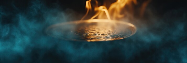 A large, metal dish, steaming and smoking, bathed in dramatic lighting