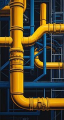 Industrial plumbing system, vibrant yellow and deep blue pipes crisscrossing against a dark backdrop of metal framework