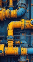 Industrial pipeline network, close-up view.  Complex system of interconnected yellow and blue pipes.  Rough, aged metal surfaces.  Detailed engineering design