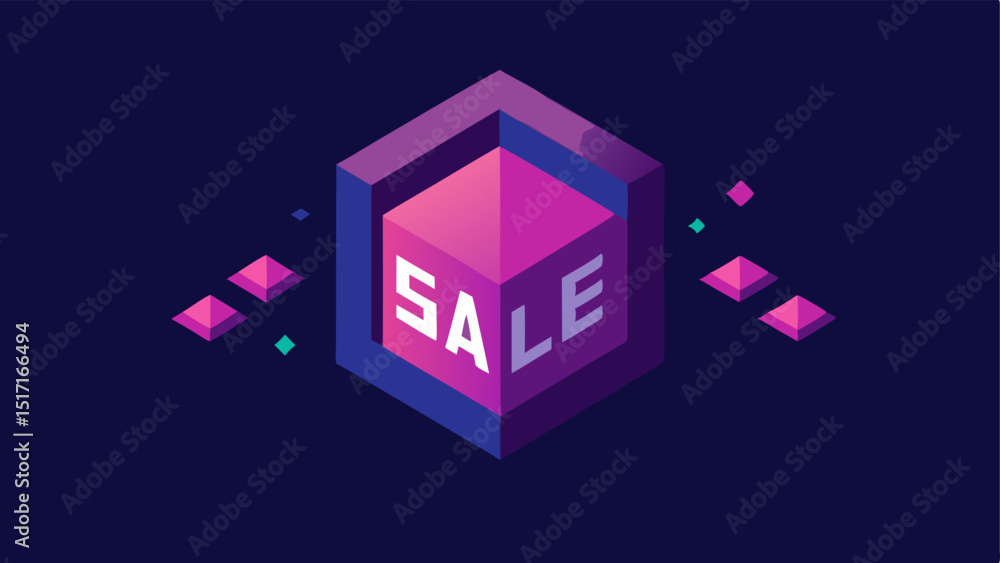 Poster 3d sale cube a threedimensional cube displaying rotating neon discounts with a gleaming surface. a s