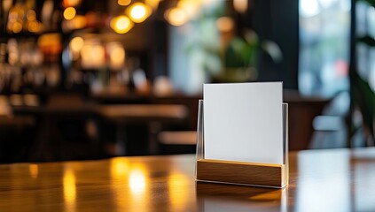 Blank menu card holder on a restaurant table.  Soft focus on warm interior