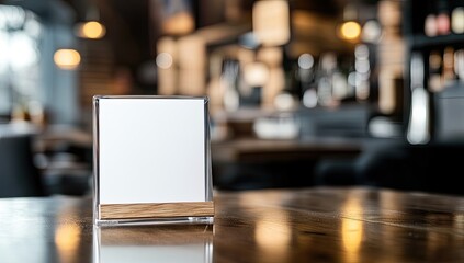 Blank menu holder on a wooden table in a cafe