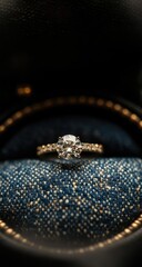 Close-up of a diamond ring in a dark jewelry box