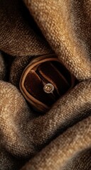 A delicate ring nestled in a plush, brown velvet box, draped in a textured, warm-toned fabric