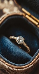 Close-up of a diamond ring in a velvet box