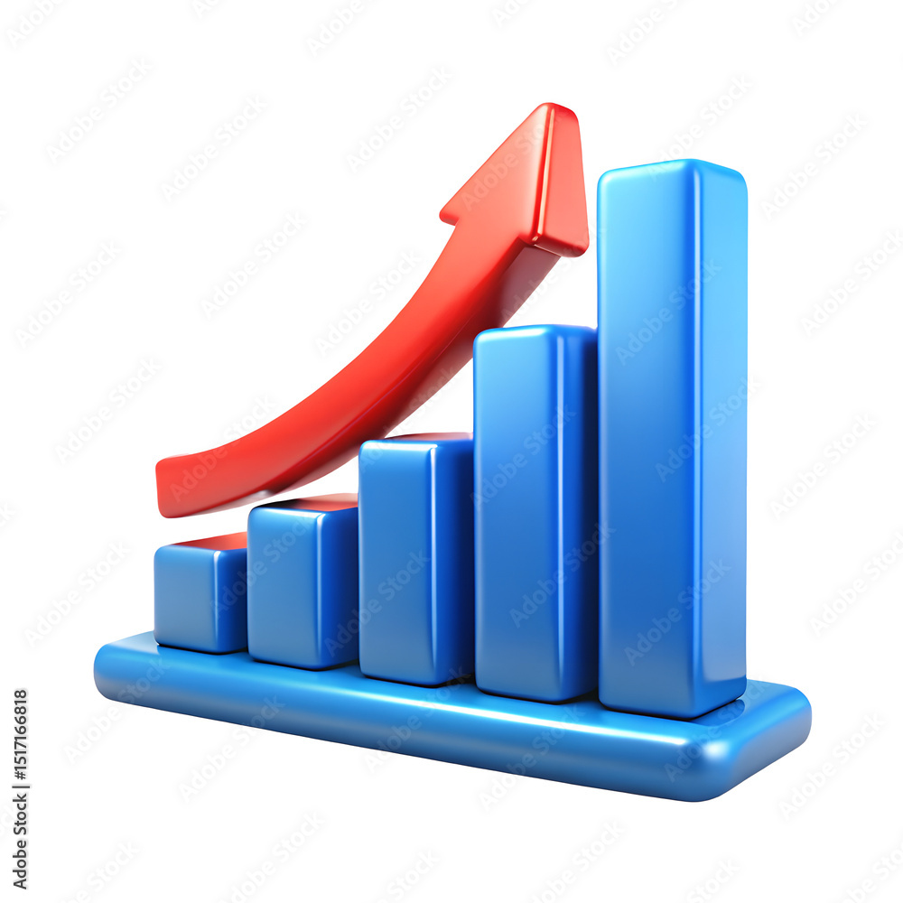 Poster 3d render of a blue bar graph with a red upward arrow showing growth and success