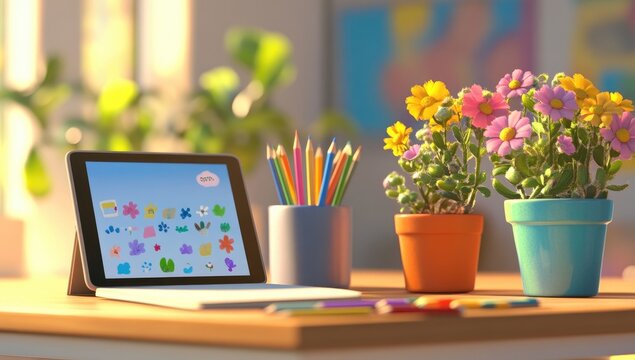 Digital art lesson, colorful classroom. A tablet displays a variety of decorative shapes and stickers, nestled amongst colored pencils, crayons, and flowerpots with vibrant blossoms