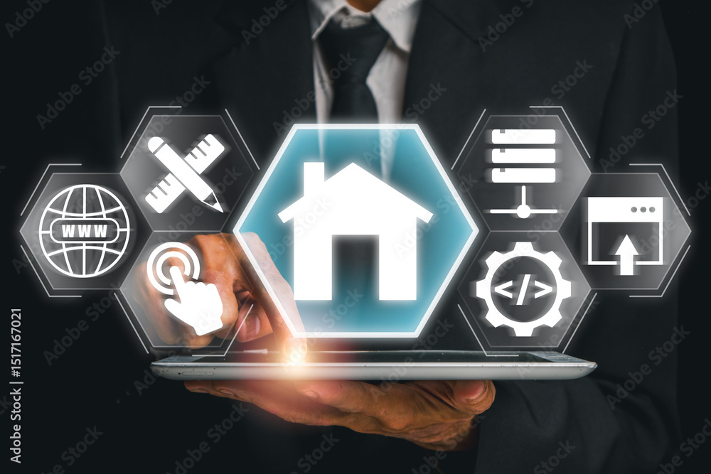 Poster futuristic digital homepage interface with icons representing web design and online connectivity.