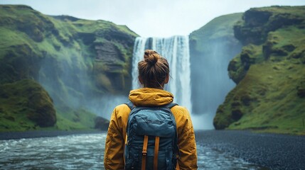 Woman gazes upon a majestic waterfall cascading down lush, verdant cliffsides