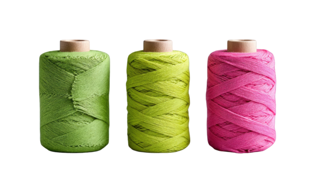 Three vibrant spools of thread in green, yellow, and pink arranged on a white background - Powered by Adobe