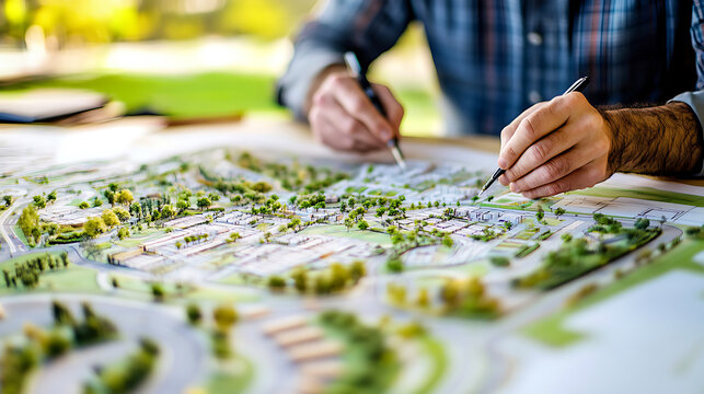 Architects planning a residential development on a detailed model layout