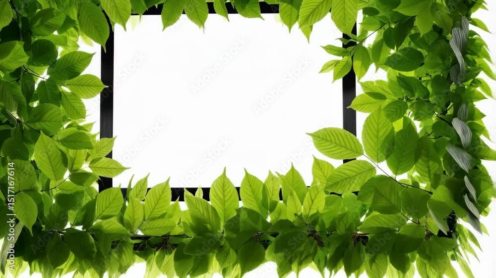 Poster fresh green leaves surround a black rectangular frame against a white background, ideal for adding t