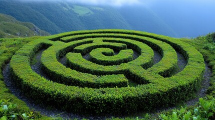 Lush green topiary maze on a hillside