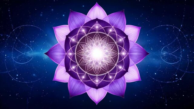 Floral chakra symbol graphic with geometrical designs and glowing light on gradient starry night blue background.