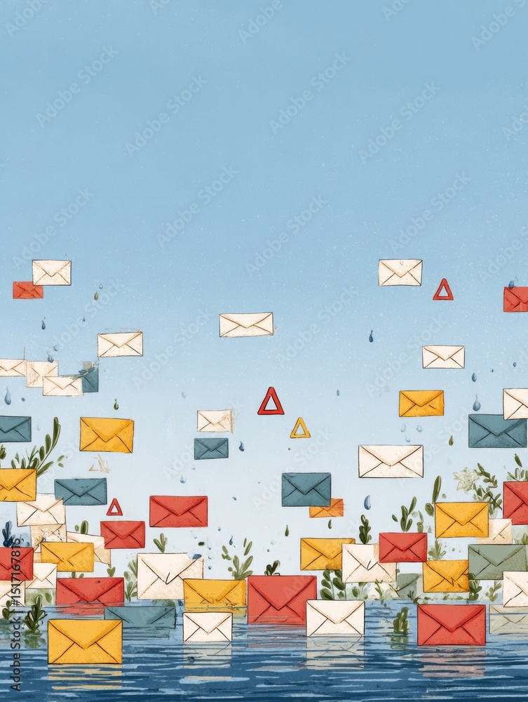 Poster email inbox overwhelmed by error messages with clear sky above indicating chaos in digital communica