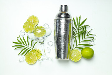 Shaker with fresh lime and glass on light background