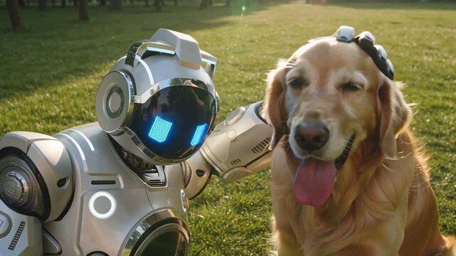 Futuristic robot dog sitter petting a friendly golden retriever in a sunny park, showcasing the evolving relationship between technology and pets